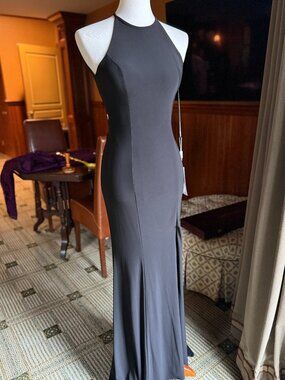 Madison James 20-371 Black Halter Gown - Backless Open Tie Back - Size 2